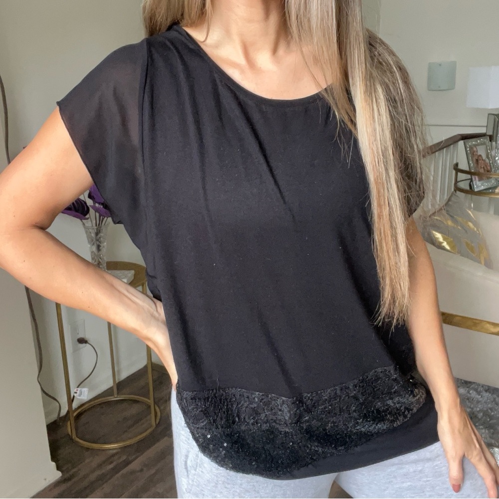 Taifun 80s Vtg Black Short Sleeves Round Neck Sequin Hem Women's Top T-Shirt L - Picture 4 of 11